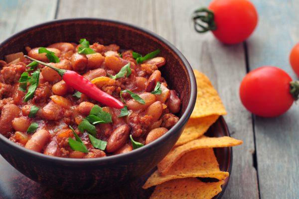pot of chili and chips